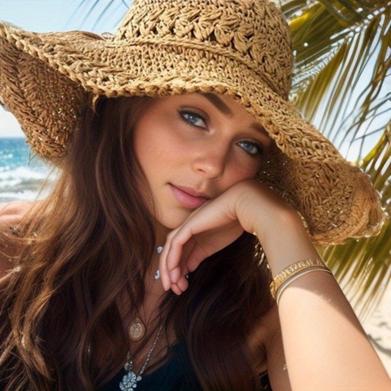2pcs Handmade Linen Sun Hats for Women, Summer Beach Straw Hat with Wide Brim, Artistic Fresh Outdoor Foldable Sun Protection Cap, All-Season Inelastic Weave, Hand Wash Only, Beach Sun Protection | Natural Style Hat | Texture